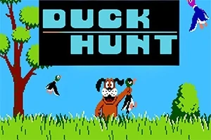 Pies trzymający kaczki w polu, z napisem DUCK HUNT na błękitnym tle