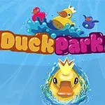 Grafika z trzema kolorowymi gumowymi kaczkami na niebieskim tle z napisem Duckpark