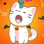 Kot w stylu kreskówkowym z obrożą i halloweenowymi ozdobami na pomarańczowym tle z nietoperzami i nutkami