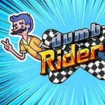 Grafika przedstawia dwóch kreskówkowych bohaterów otaczających tekst dumb Riders na tle niebieskiego, eksplodującego wzoru