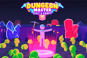 Kolorowa grafika 3D z neonowym napisem „DUNGEON MASTER: CULT & CRAFT nad postacią trzymającą kilof na tle fioletowej jaskini z kryształami i zielonymi drzewami