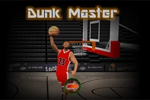 Koszykarz w czerwonym stroju z numerem 23 wykonujący wsad piłki w czarno-czerwone atrybuty boiska do koszykówki z napisem Dunk Master na tle