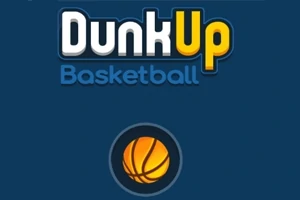 Niebieskie tło z żółto-białym napisem Dunk Up Basketball oraz pomarańczową piłką do koszykówki poniżej