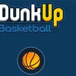 Niebieskie tło z żółto-białym napisem Dunk Up Basketball oraz pomarańczową piłką do koszykówki poniżej
