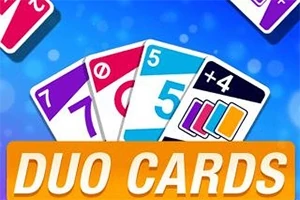 Kolorowe karty do gry na tle z niebieskimi bokeh oraz napis DUO CARDS