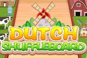 Kolorowa grafika z napisem Dutch Shuffleboard na tle holenderskiego wiatraka, dwóch krów i czerwonej stodoły
