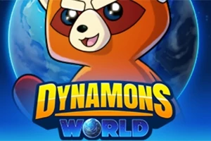 Czerwono-brązowa postać przypominająca szopa na tle planety z napisem Dynamons World