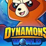Czerwono-brązowa postać przypominająca szopa na tle planety z napisem Dynamons World