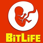 Logo z czerwoną sylwetką płodu na białym tle, z żółtym napisem BitLife na dole