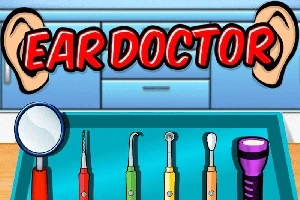 Czerwony napis Ear Doctor z ilustracją uszu i zestawem narzędzi medycznych na niebieskiej tacy