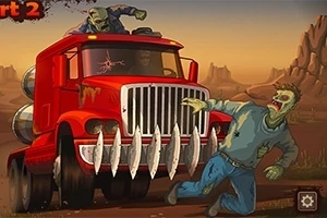 Czerwony ciężarówka z kolcami na zderzaku na pustyni, uderzająca w zombie