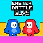 Niebieska i czerwona postać w pikselowym stylu stoją naprzeciw siebie na tle kolorowego krajobrazu z napisem Easter Battle Guys