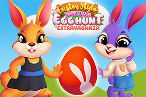 Easter Style Junction Egg Hunt Extravaganza Dwa kolorowe króliczki obok dużego, pomarańczowego jajka z motywem króliczych uszu na tle nieba