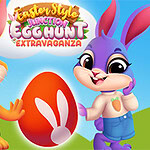 Easter Style Junction Egg Hunt Extravaganza Dwa kolorowe króliczki obok dużego, pomarańczowego jajka z motywem króliczych uszu na tle nieba