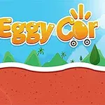 Uśmiechnięte jajko siedzące w czerwonym samochodziku na tle zielonych wzgórz z napisem Eggy Car na błękitnym niebie
