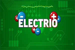 Napis ELECTRIO otoczony niebieskimi i czerwonymi kulkami z symbolami plus i minus, na zielonym tle z motywem obwodów elektronicznych