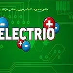 Napis ELECTRIO otoczony niebieskimi i czerwonymi kulkami z symbolami plus i minus, na zielonym tle z motywem obwodów elektronicznych
