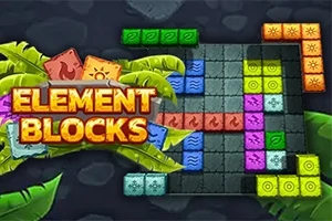 Kolorowe klocki w różnych kształtach ułożone na planszy, z napisem ELEMENT BLOCKS na tle liści