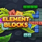 Kolorowe klocki w różnych kształtach ułożone na planszy, z napisem ELEMENT BLOCKS na tle liści