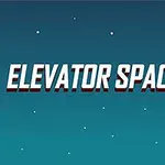 Niebieskie tło z białymi kropkami, czerwonym stożkiem z żółtą kulą na szczycie oraz napisem ELEVATOR SPACE