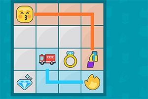 Emoji na siatce 3x3 z liniami łączącymi ikony takie jak pierścionek, diament, ciężarówka strażacka i ręka z telefonem