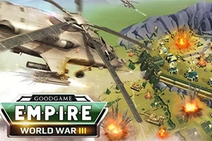 Empire: World War 3 Śmigłowiec bojowy nad polem bitwy z eksplozjami i zielonymi terenami wojskowymi, z logotypem Empire World War III na pierwszym planie