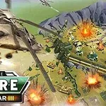 Empire: World War 3 Śmigłowiec bojowy nad polem bitwy z eksplozjami i zielonymi terenami wojskowymi, z logotypem Empire World War III na pierwszym planie