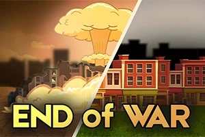 Podzielony obraz z grzybem atomowym i zniszczonym miastem po lewej oraz kolorowymi budynkami w pełni po prawej z napisem END of WAR