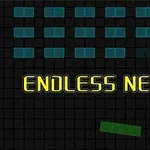 Niebieskie prostokąty ułożone w cztery rzędy na czarnym tle z żółtym napisem ENDLESS NEON w centrum oraz zielonym prostokątem i fioletowym rombem poniżej