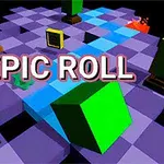 Kolorowa, trójwymiarowa grafika z napisem EPIC ROLL na tle szachownicy i geometrycznych kształtów