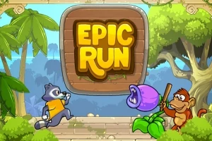 Postacie zwierząt, w tym małpa z kijem i szop pracz, stoją naprzeciwko siebie, z dużym napisem EPIC RUN w tle
