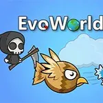 Czarny duszek z kosą i dwa lecące ptaki na niebieskim tle z pajęczyną oraz tekst EvoWorld