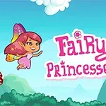 Różowowłosa wróżka w locie z tęczowymi skrzydłami, z napisem Fairy Princesses, w otoczeniu błękitnego nieba, obłoków i muchomorów