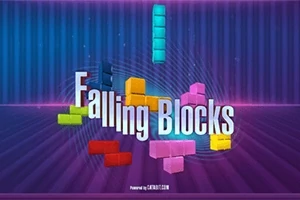 Kolorowe klocki spadające na fioletowe tło z napisem Falling Blocks