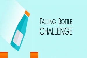 Butelka wody z pomarańczową nakrętką na jasnoniebieskim tle z napisem Falling Bottle Challenge