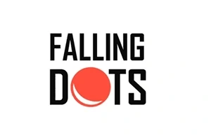 Napis Falling Dots z czerwonym kółkiem między słowami na białym tle