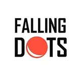 Napis Falling Dots z czerwonym kółkiem między słowami na białym tle