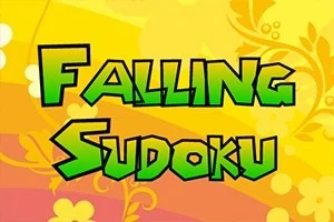Zielony napis Falling Sudoku na żółto-pomarańczowym tle z kwiatowymi wzorami