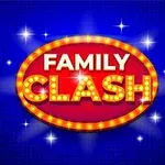 Czerwono-złote logo z napisem Family Clash na niebieskim tle z gwiazdami