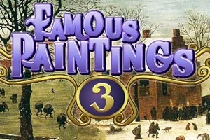 Napis Famous Paintings 3 w fioletowo-złotych kolorach na tle zimowego pejzażu z ludźmi i budynkiem