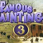 Napis Famous Paintings 3 w fioletowo-złotych kolorach na tle zimowego pejzażu z ludźmi i budynkiem