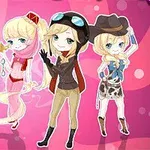 Cztery postacie w stylu anime ubrane w kostiumy: policjantki, księżniczki, lotniczki i kowbojki na różowym tle
