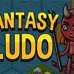 Ilustracja przedstawia napis FANTASY LUDO na tle mapy, po lewej stronie postać z mieczem i tarczą, a po prawej stronie czerwonego demona z trójzębem