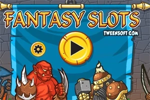 Czerwony ork z pazurami i wojownik w zbroi stoją przed niebieskim tłem z dużym żółtym przyciskiem play