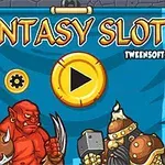 Czerwony ork z pazurami i wojownik w zbroi stoją przed niebieskim tłem z dużym żółtym przyciskiem play