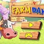 Rolnik w kapeluszu głaszcze krowę przed drewnianym znakiem z napisem Farm Day, w tle znajduje się gospodarstwo