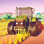 Traktor na polu z uprawami, z widokiem na wiatraki i silosy w tle