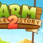Kolorowy napis Farm Puzzle Story 2 na tle nieba z chmurami, z drewnianą tabliczką i zielenią w tle