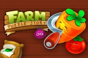 Kolorowe warzywa z uśmiechami i tytuł Farm Puzzle Story na drewnianym tle