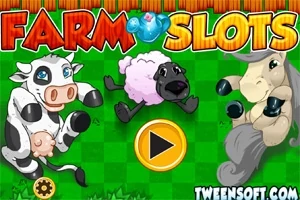 Kreskówkowa krowa, owca i koń na zielonym tle z dużym przyciskiem play na dole oraz napisem powyżej